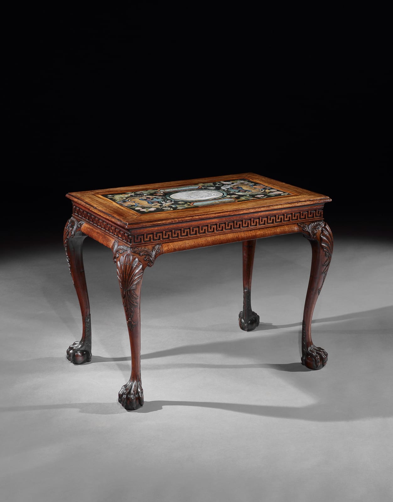 A PAIR OF GEORGE II MAHOGANY SIDE TABLES, The table bases: English, circa 1740  The scagliola inserts: Italian, circa 1735
