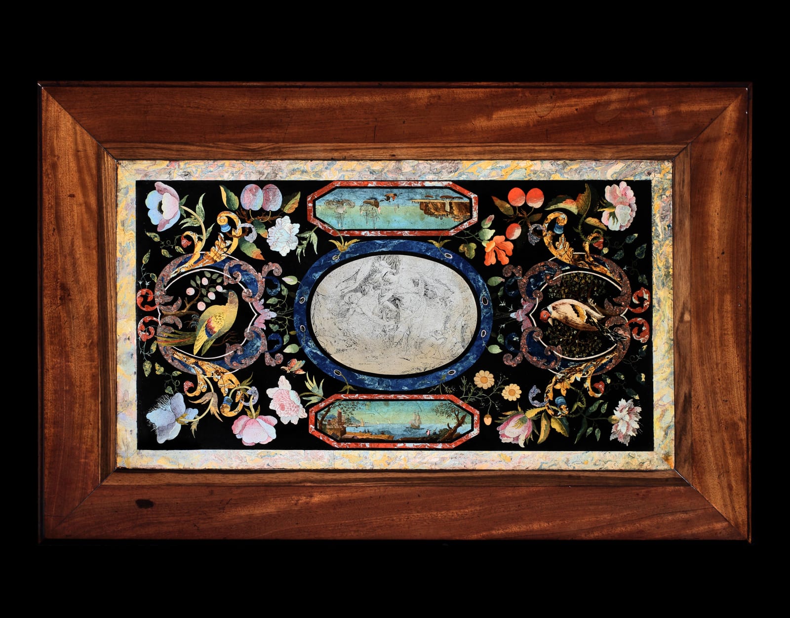 A PAIR OF GEORGE II MAHOGANY SIDE TABLES, The table bases: English, circa 1740  The scagliola inserts: Italian, circa 1735