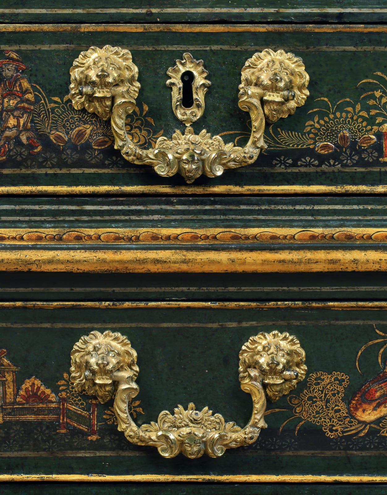 A GEORGE II JAPANNED BUREAU CABINET, English, circa 1745