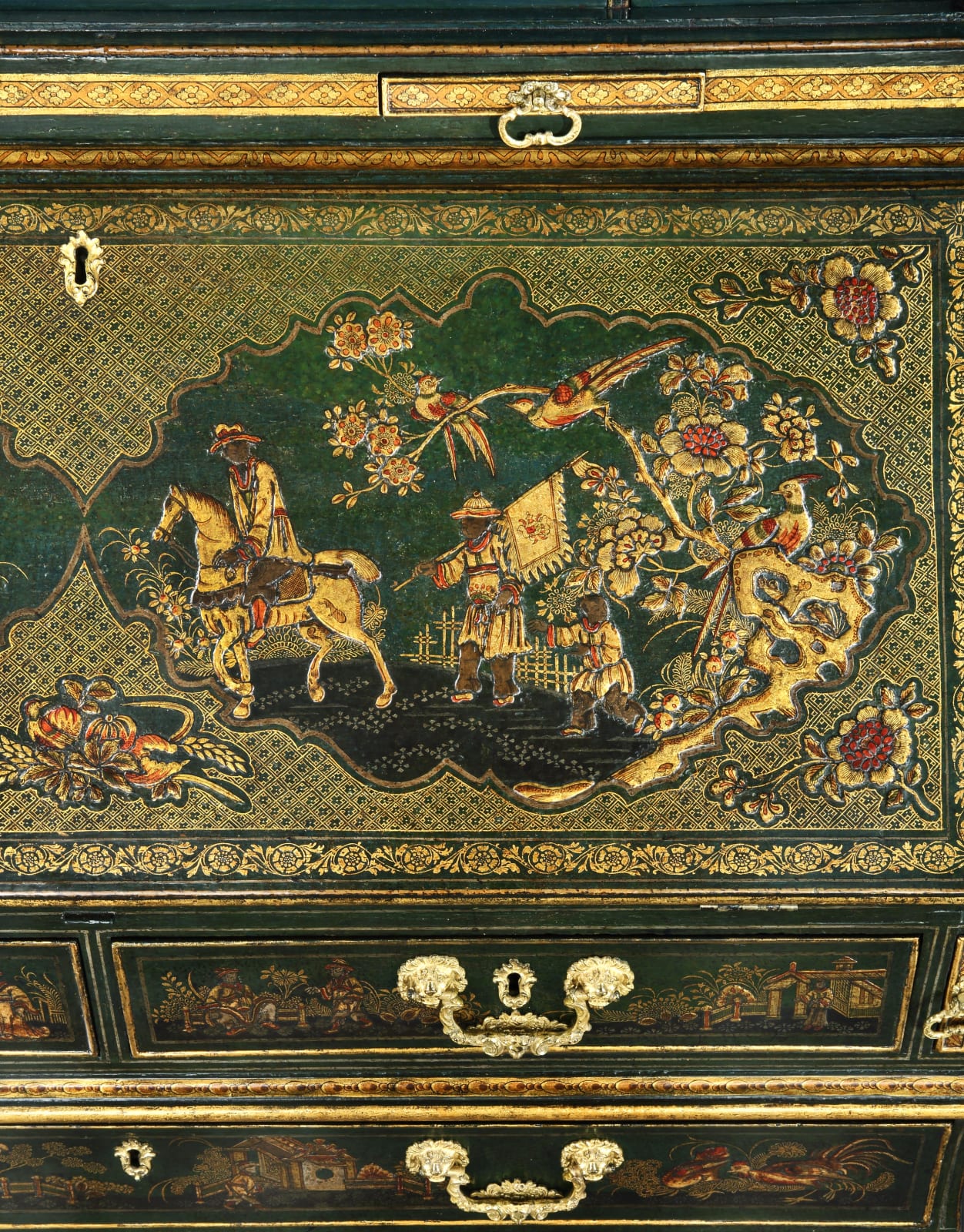 A GEORGE II JAPANNED BUREAU CABINET, English, circa 1745
