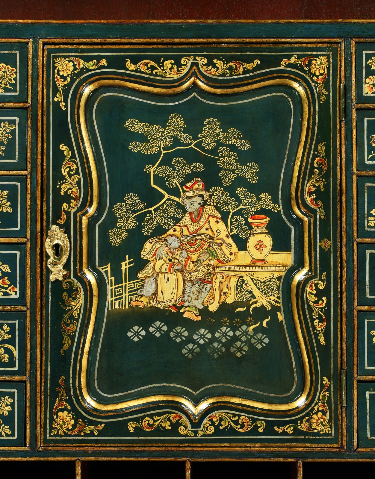 A GEORGE II JAPANNED BUREAU CABINET, English, circa 1745