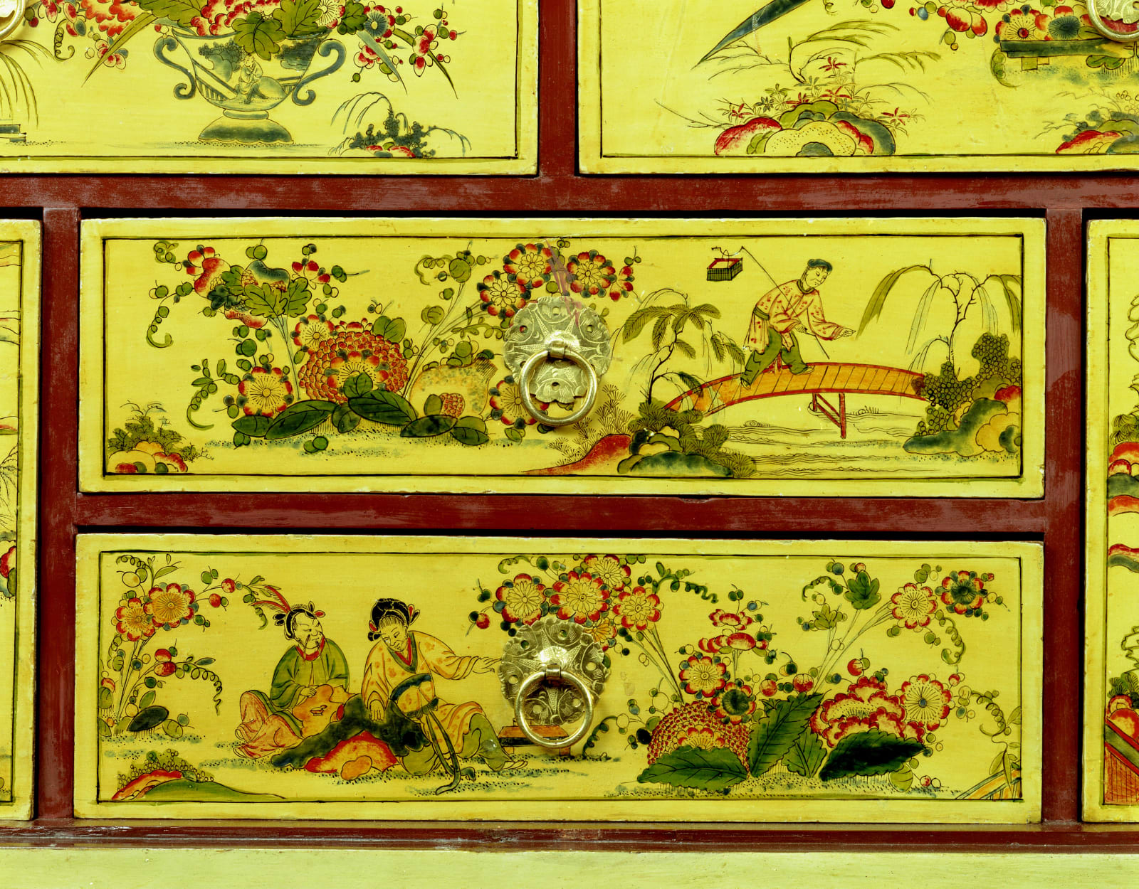 A CHARLES II CREAM JAPANNED CABINET ON SILVERED STAND , English, circa 1680