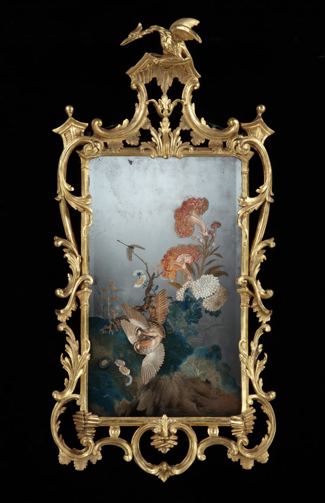 A PAIR OF GEORGE III PERIOD CHINESE EXPORT MIRROR PAINTINGS, Mirror paintings: Chinese, Qianlong, circa 1765  Frames: English, circa 1765, one frame of later date