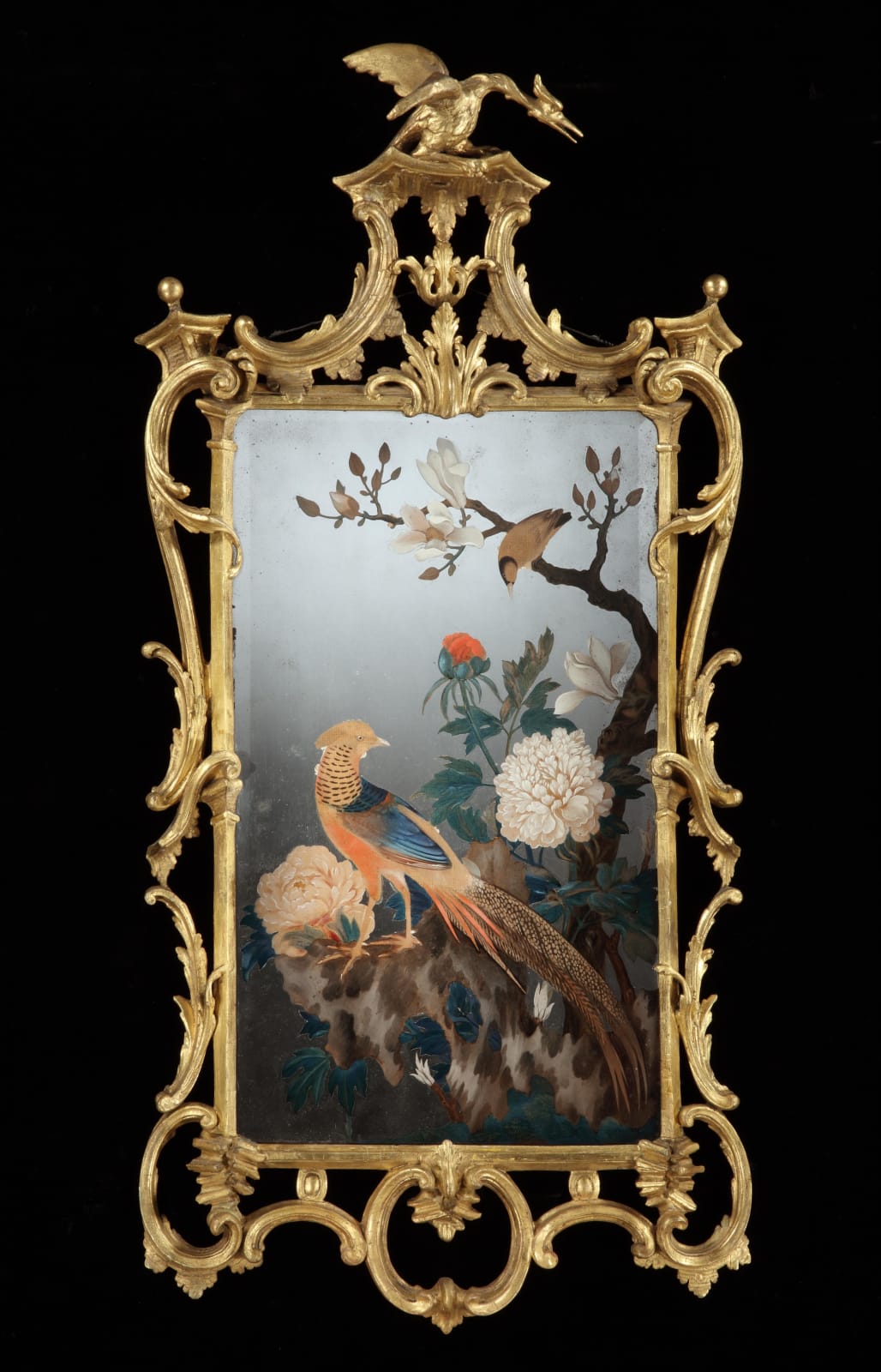 A PAIR OF GEORGE III PERIOD CHINESE EXPORT MIRROR PAINTINGS, Mirror paintings: Chinese, Qianlong, circa 1765  Frames: English, circa 1765, one frame of later date