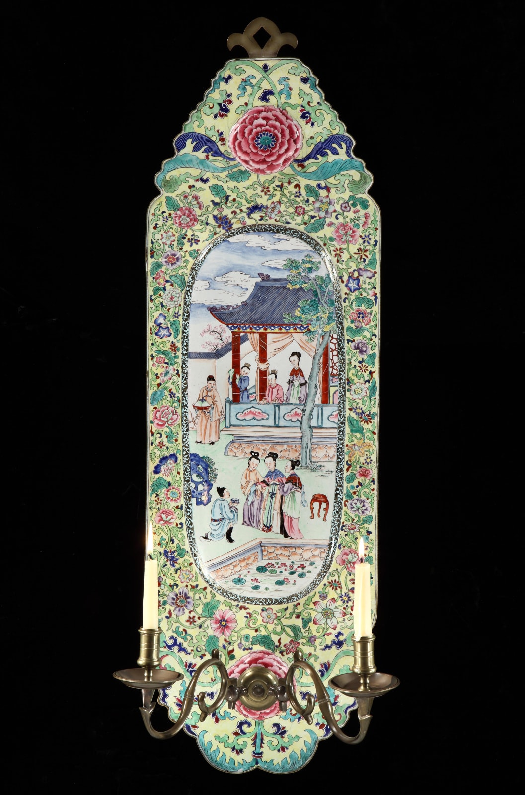 A PAIR OF CHINESE EXPORT CANTON ENAMEL WALL SCONCES, Chinese, circa 1750