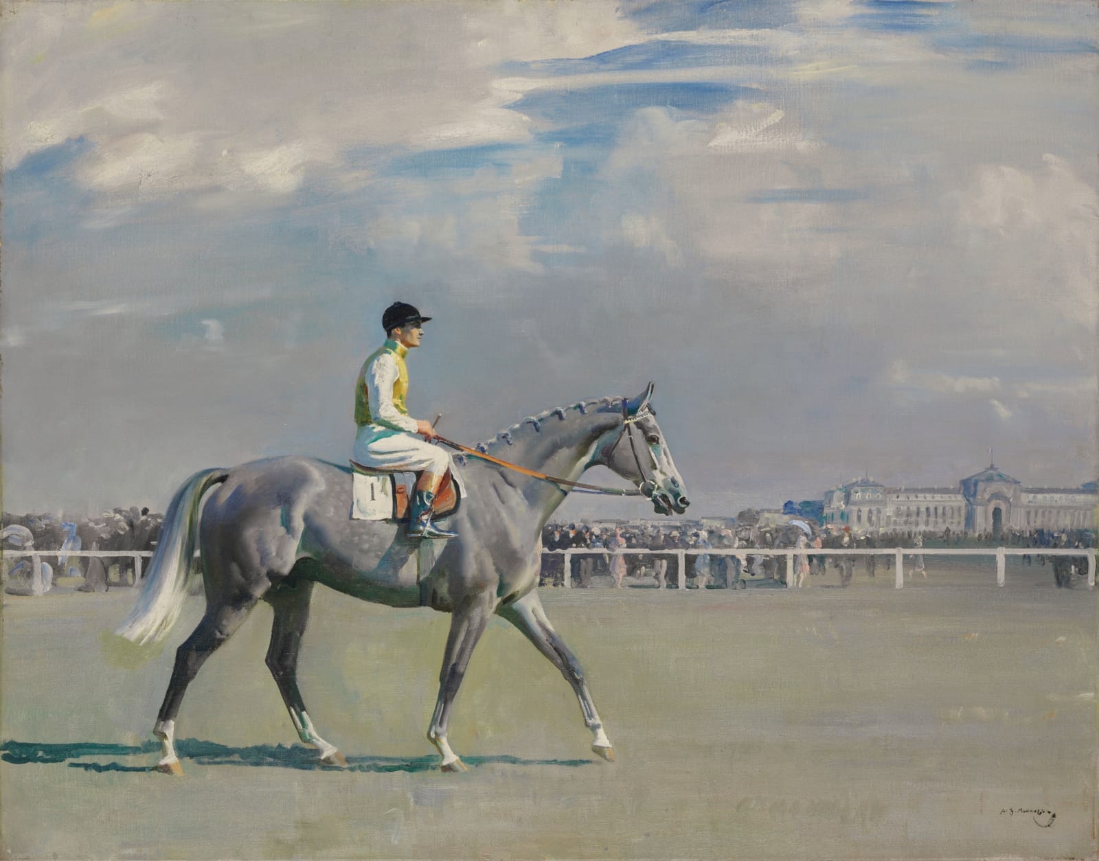 Sir Alfred James Munnings, PRA, RWS, The racehorse Belfonds with H. Semblat up at Chantilly