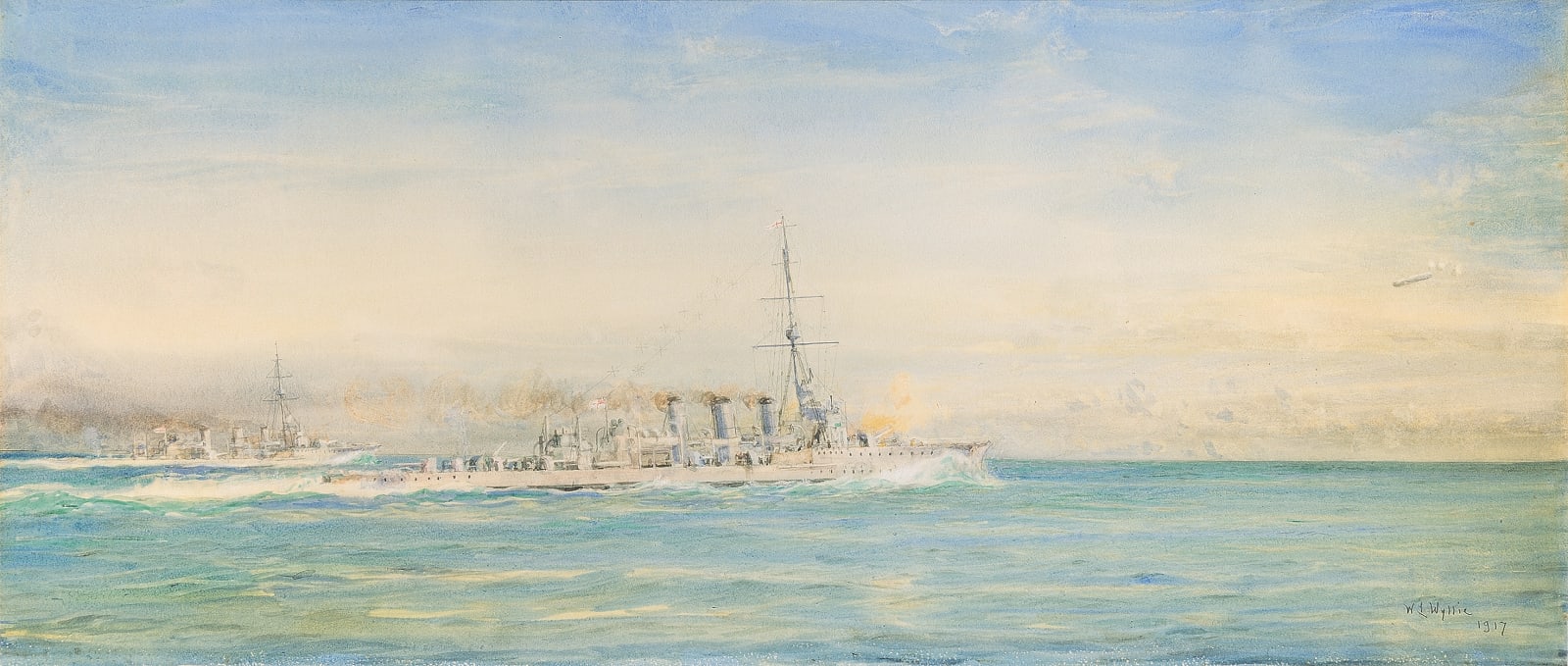 William Lionel Wyllie, RA, Launched on 14th May, 1914, H.M.S. Galatea was a Arethusa-class light cruiser of the Royal Navy who served firstly at Harwich and then with the Grand Fleet at the battle of Jutland, 31st May, 1916.
