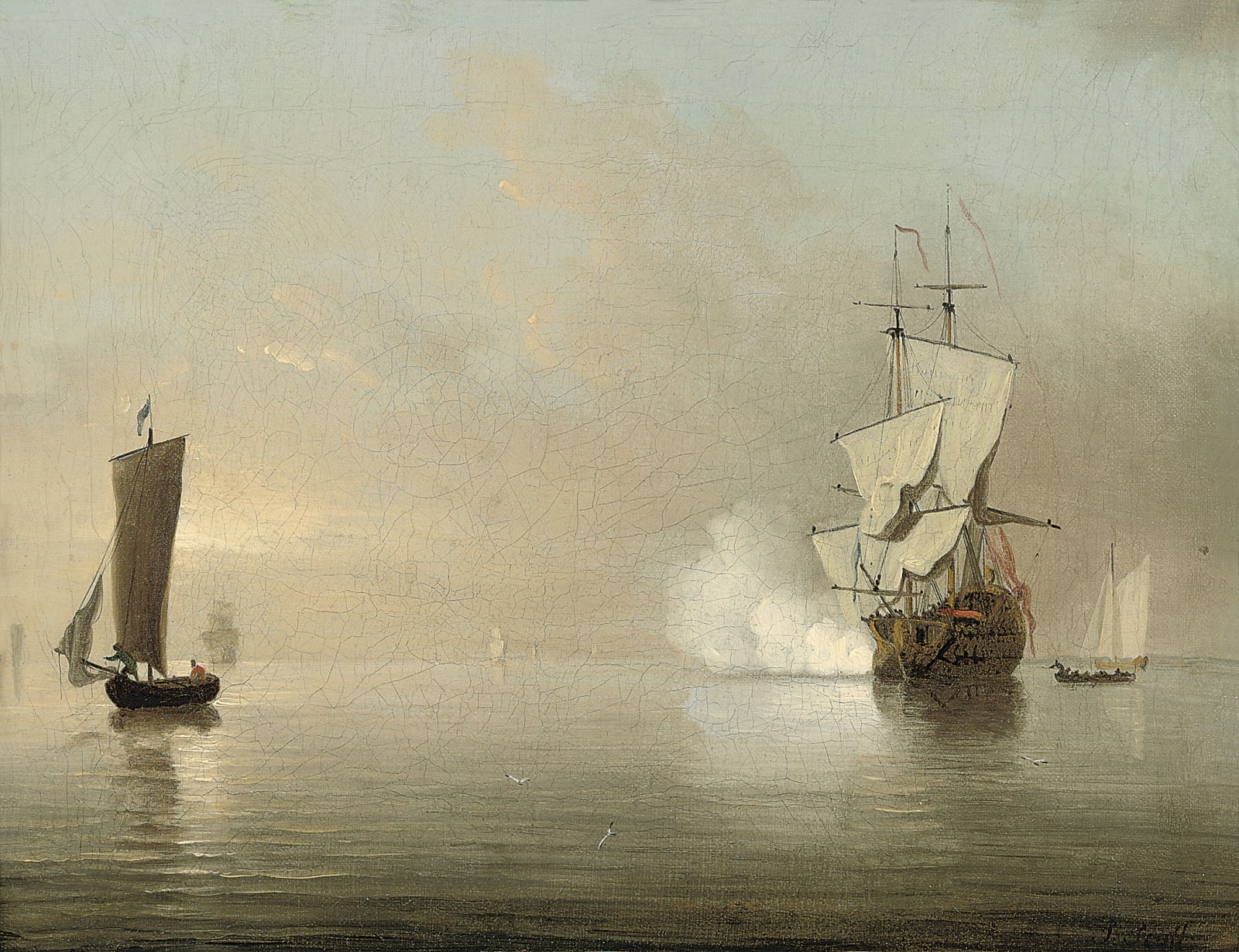 Samuel Scott, The flagship about to weigh anchor and firing a salute to announce her departure