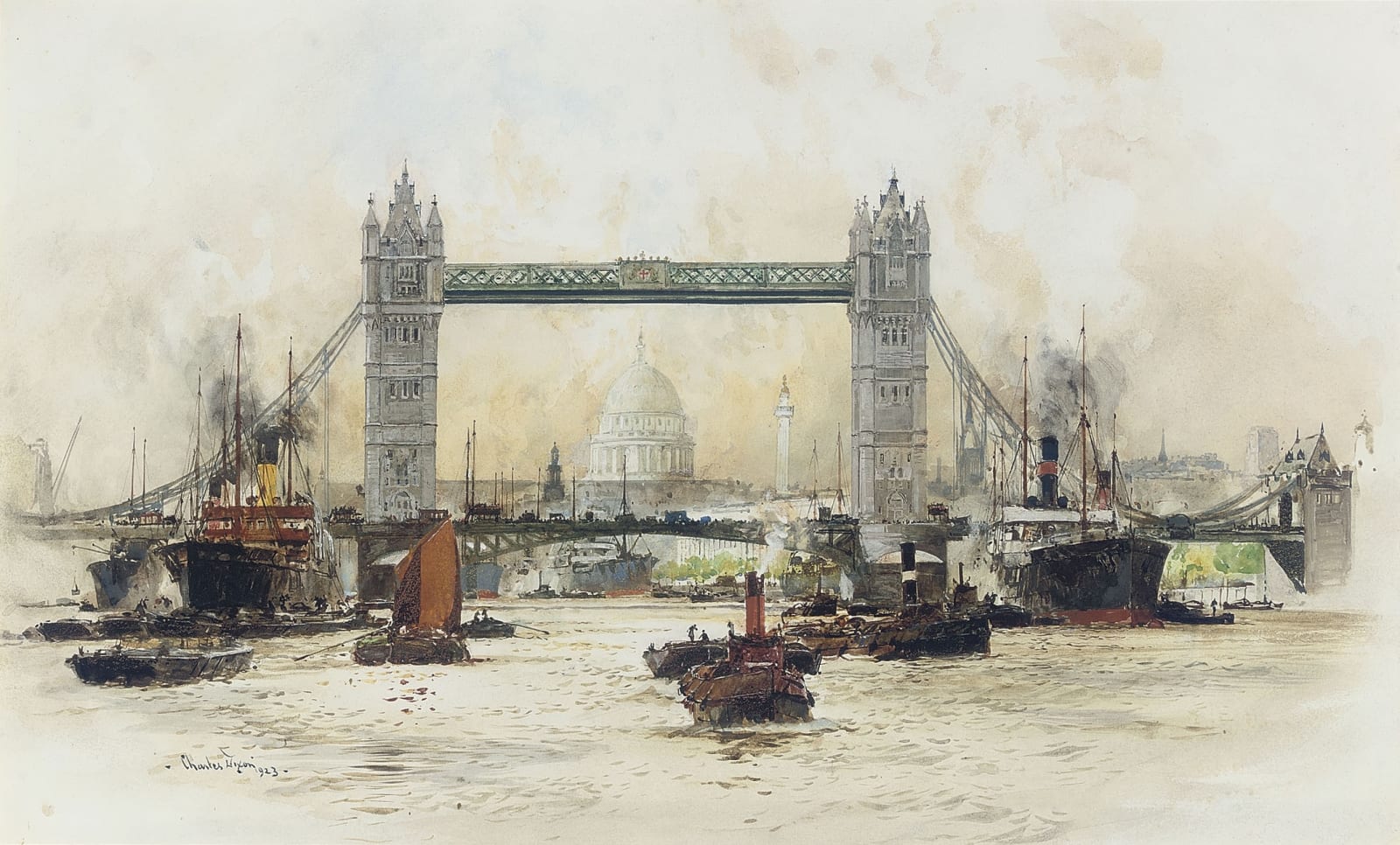 Charles Edward Dixon, RI, Tower Bridge with St Pauls' Cathedral behind