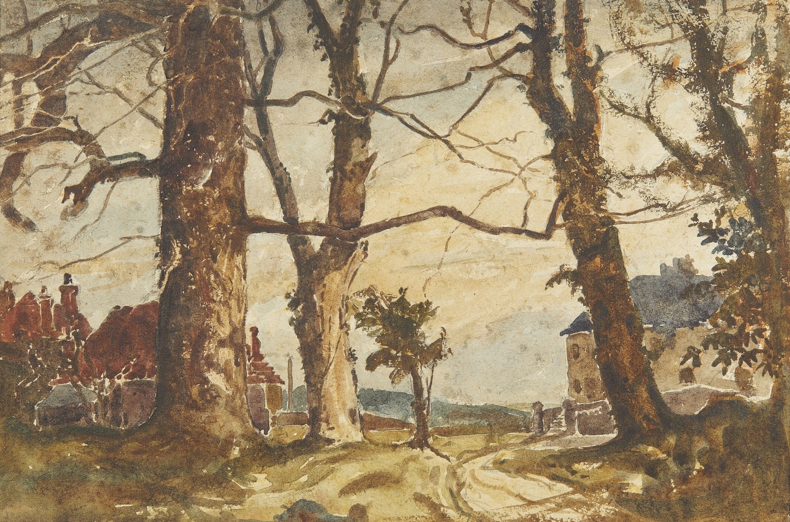 Claude Grahame Muncaster, PRSMA, RWS, ROI, RBA, Trees in the garden at Whitelocks, Sutton, Sussex