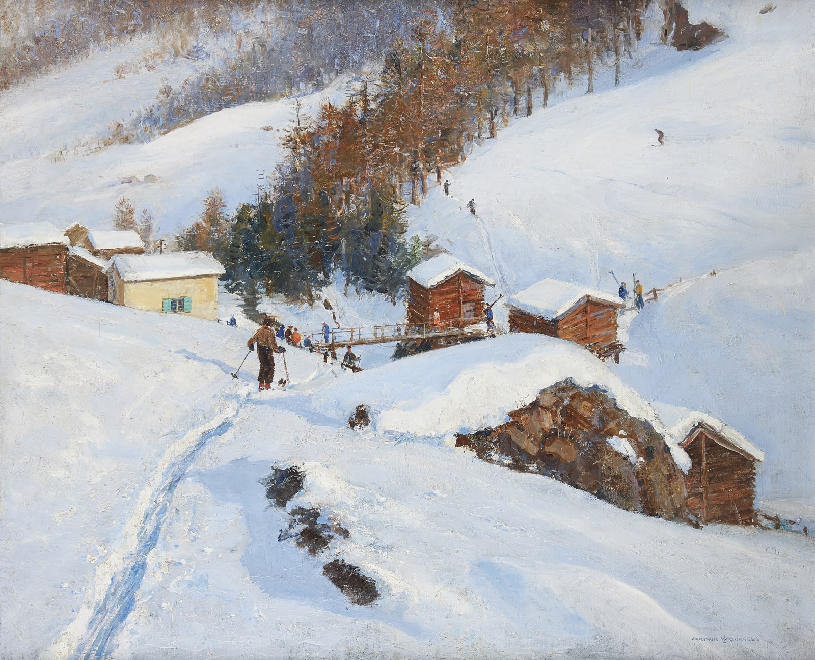 Arthur James Wetherall Burgess, RI, ROI, RBC, RSMA, The end of the run, Zermatt, 1928