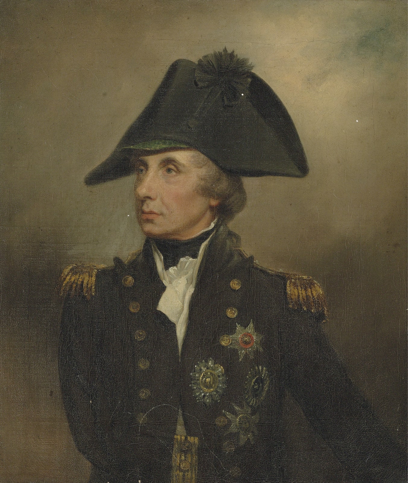 Arthur William Devis, Portrait of Horatio, Viscount Nelson, K.B., Vice-Admiral of the White (1758–1805), half-length, in Vice-Admiral's undress uniform, cocked hat with black silk cockade and green eyeshade, with the stars of the Bath, the St. Ferdinand and the Crescent, 1803