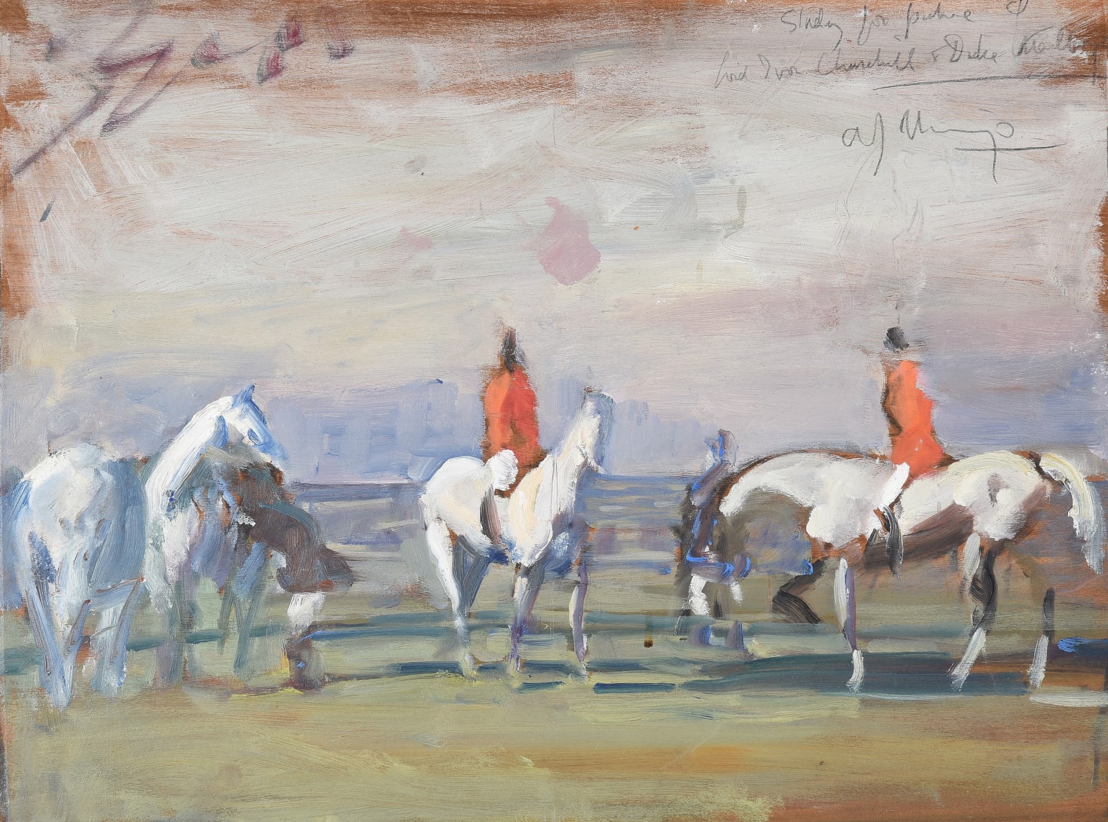 Sir Alfred James Munnings, PRA, RWS, Four Grey Horses: Studies of The 9th Duke of Marlborough and Lord Ivor Spencer-Churchill