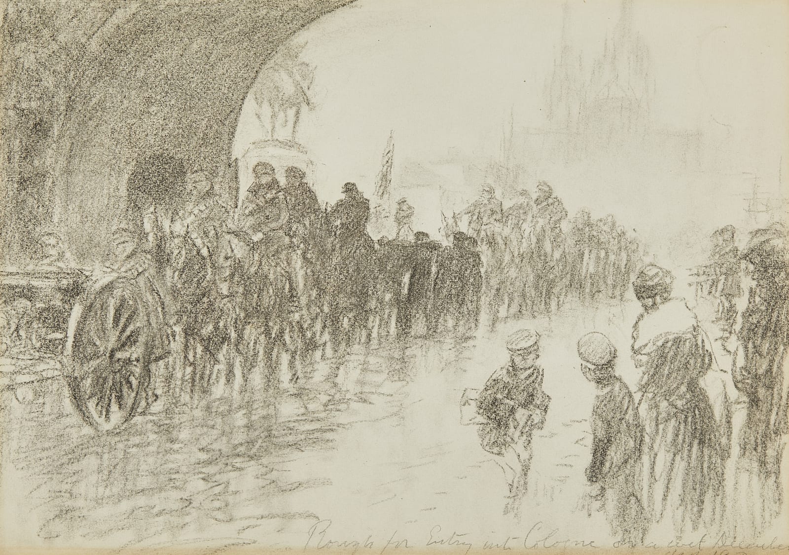 Gilbert Joseph Holiday, Sketch for the 29th Division crossing the Hohenzollern Bridge into Cologne, 1918