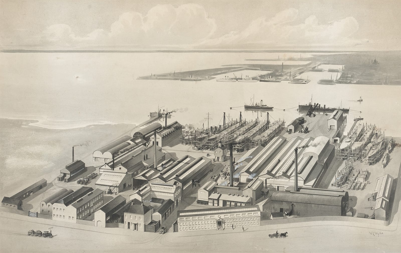 William Lionel Wyllie, RA, Persepective of Thornycroft’s Shipyard on the River Itchen