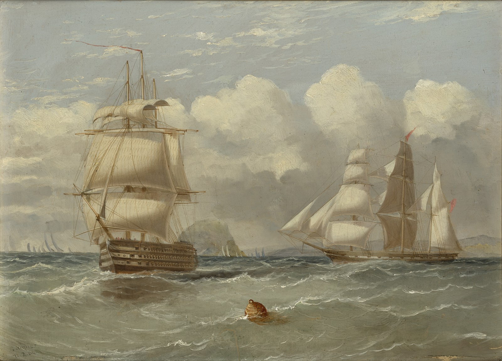 George Alexander Napier, A first rate ship-of-the-line outward bound from the Clyde and passing Ailsa Craig, with a three-master merchantman about to cross her stern and signs of a regatta beyond