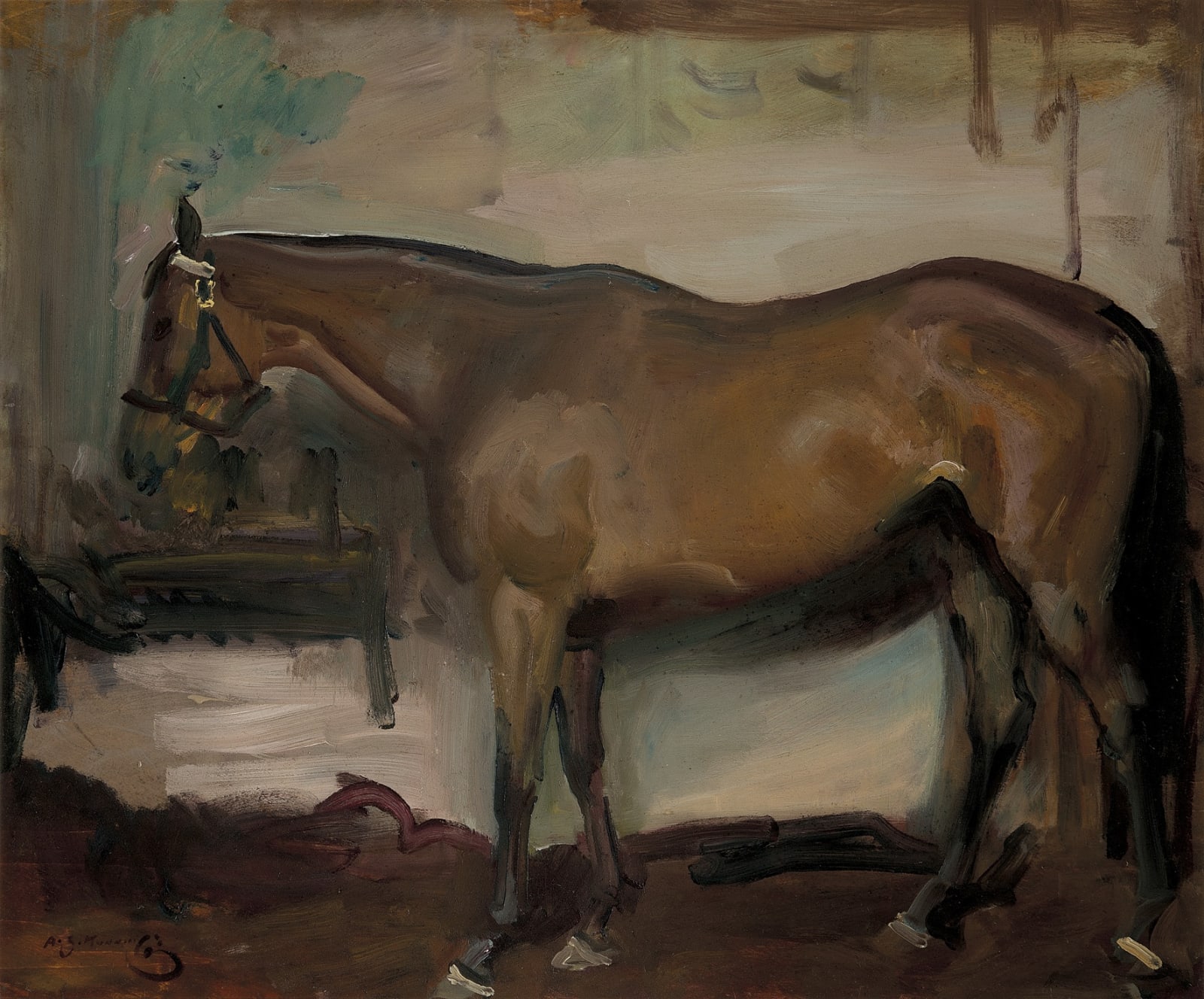 Sir Alfred James Munnings, PRA, RWS, A race horse in a stable