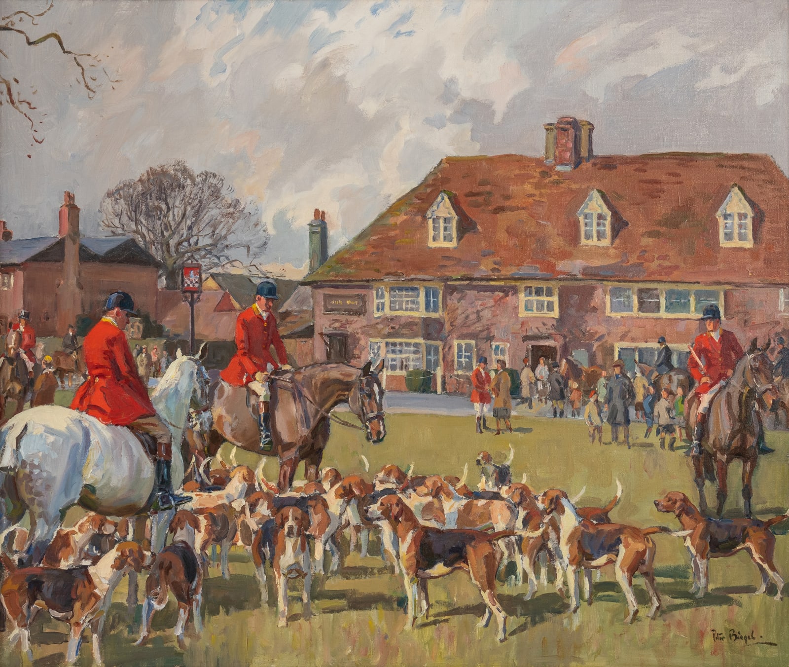 Peter Biegel, The Ashford Valley Hunt meeting outside the Chequers Inn, High Halden, Kent