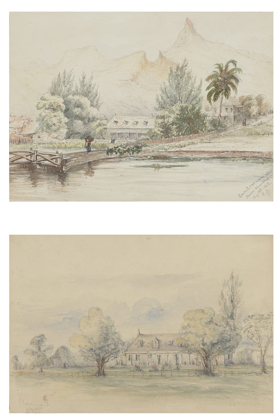 English School, 19th Century, Two views of Mauritius