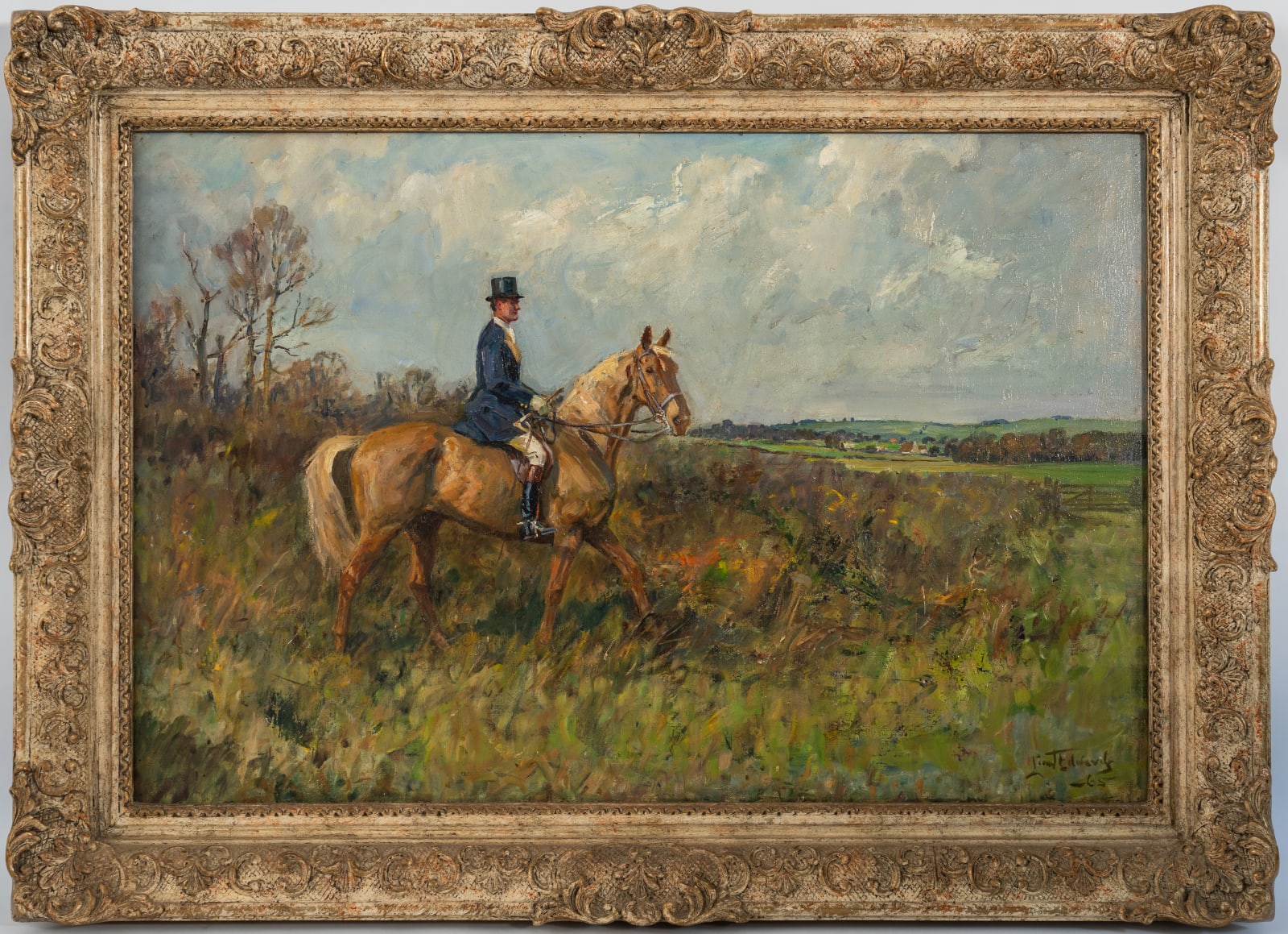 Lionel Dalhousie Robertson Edwards, RI, Captain David Egerton on his hunter Walking Stick in the Duke of Beaufort's Hunt at Codrington Gorse with a view of Tyning farm