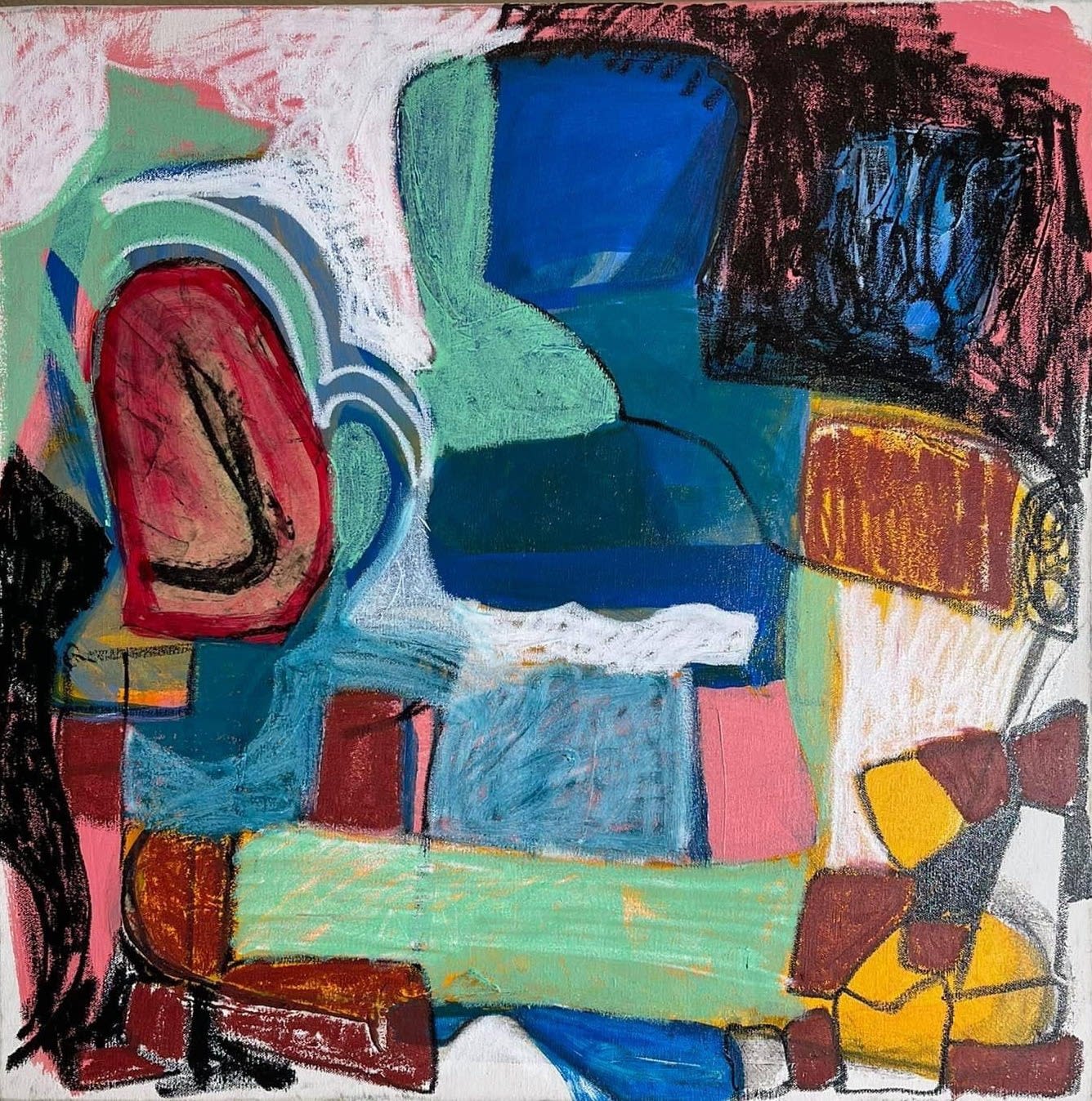 Cristina Muñiz Watchaté, 2021 Painted paper, Sakura marker, oil on canvas 24 x 24 in 61 x 61 cm