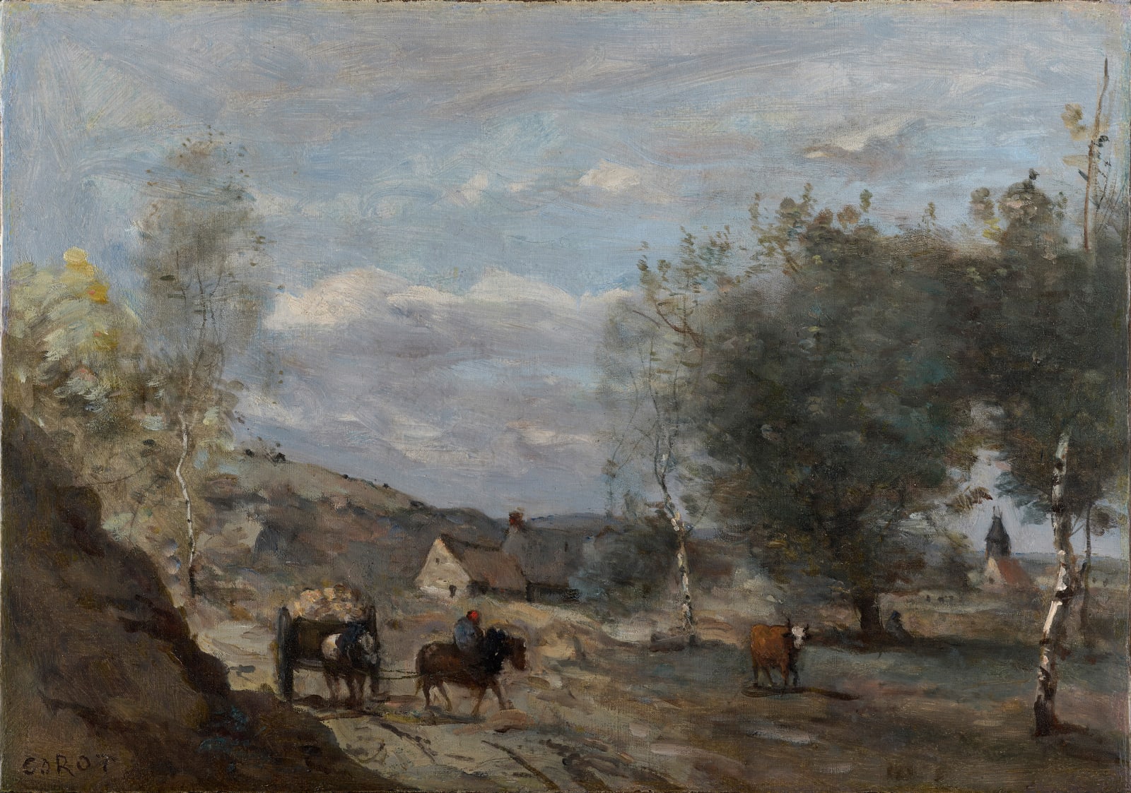 Jean-Baptiste Camille Corot, Environs de Douai. Charrette en vue d’un village, 1870