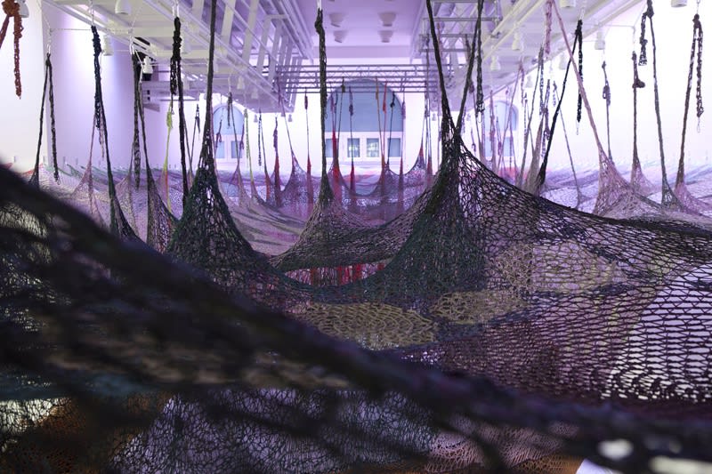 Ernesto Neto crochet hanging installation, walkway for visitors