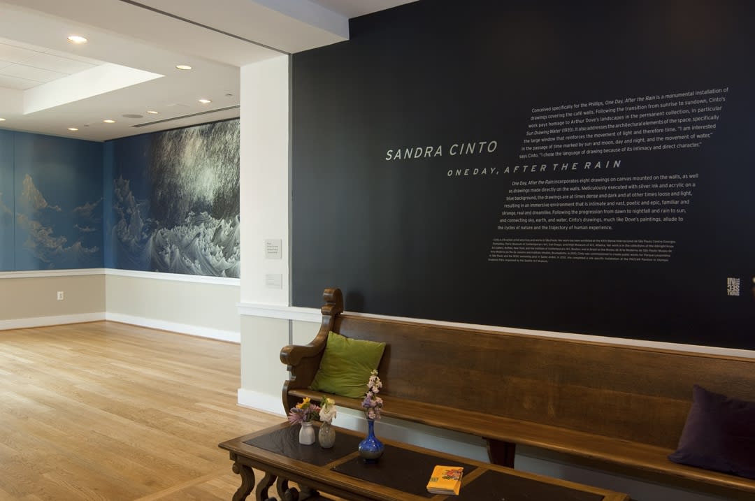 installation view of Cinto wall painting blue shades and wave drawings