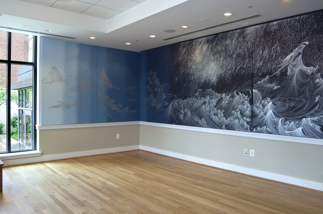 installation view of Cinto wall painting blue shades and wave drawings