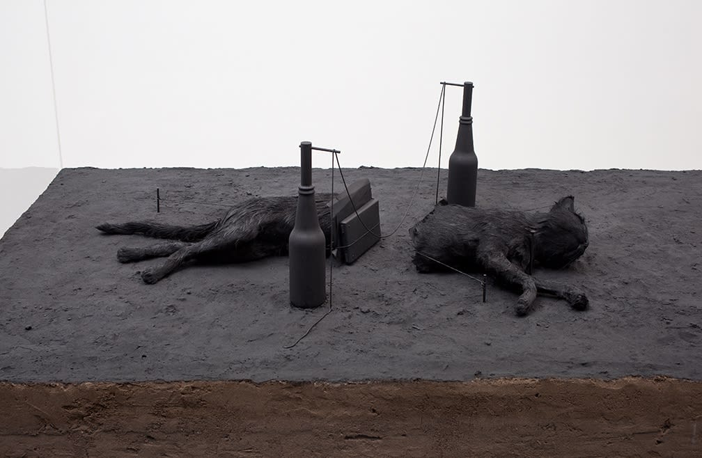 Image of Mark Manders sculpture with dark table and glass case