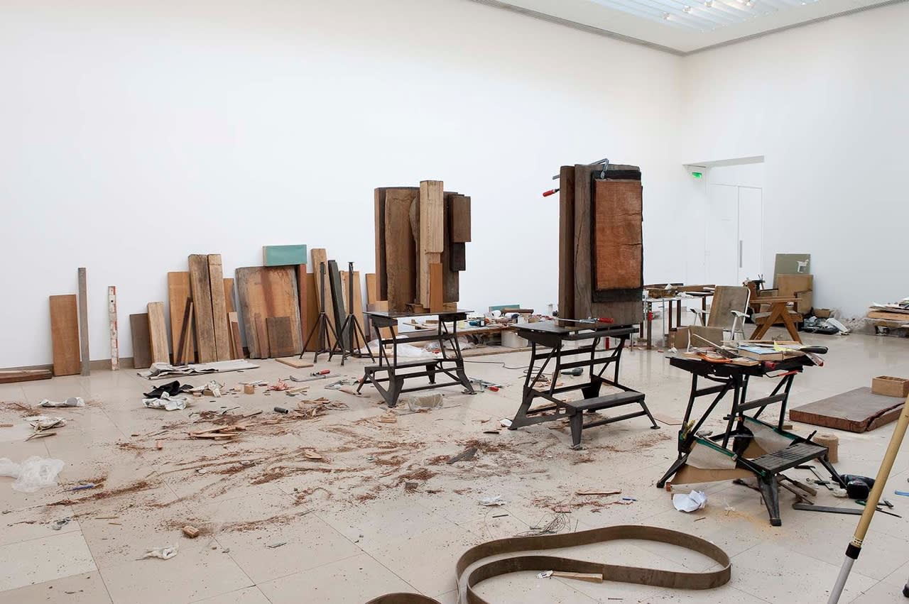 image of Mark Manders head sculptures in a studio environment
