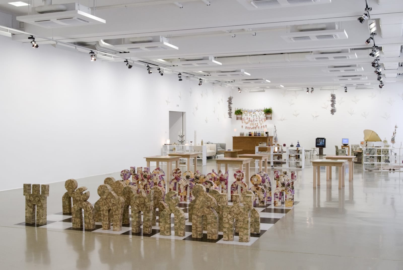 installation view of sculptures, chess set