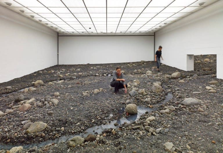 image of Olafur Eliasson installation, riverbed inside of museum