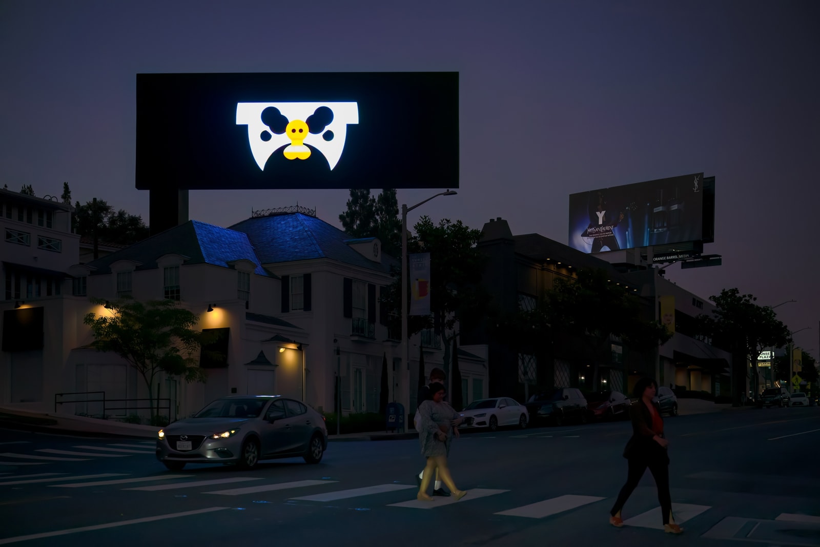 a bright illustrated animation of a figure shaving its leg against a dark city street backdrop