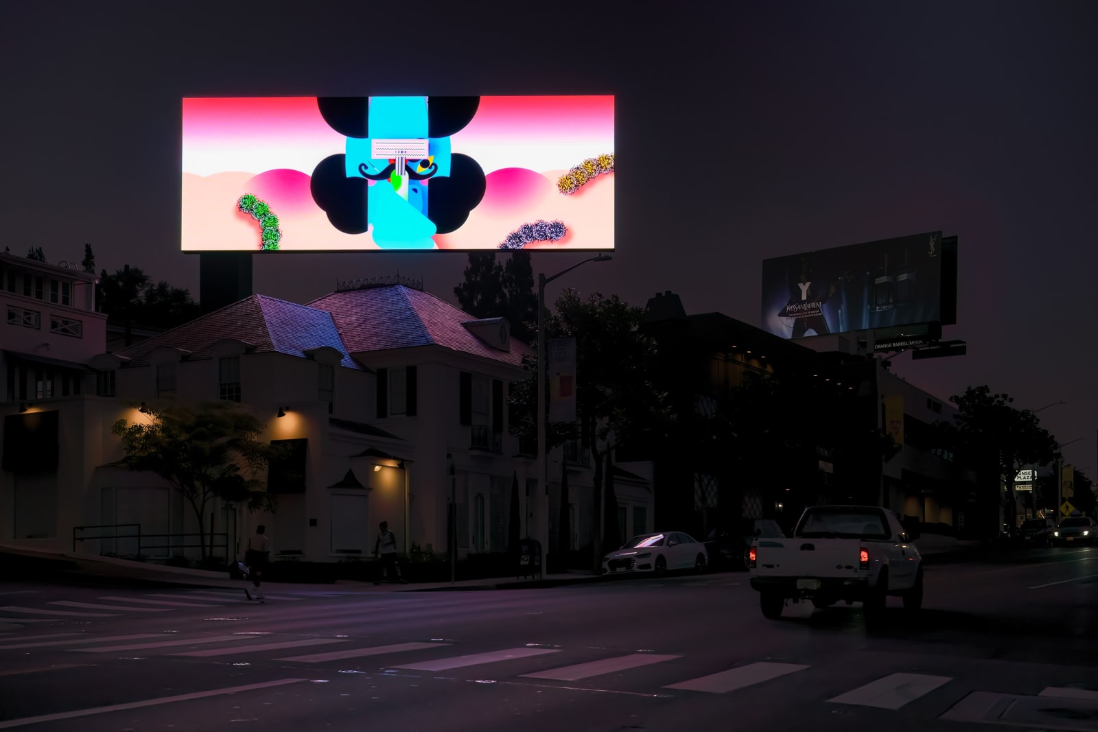 a bright illustrated animation of a figure shaving its leg against a dark city street backdrop