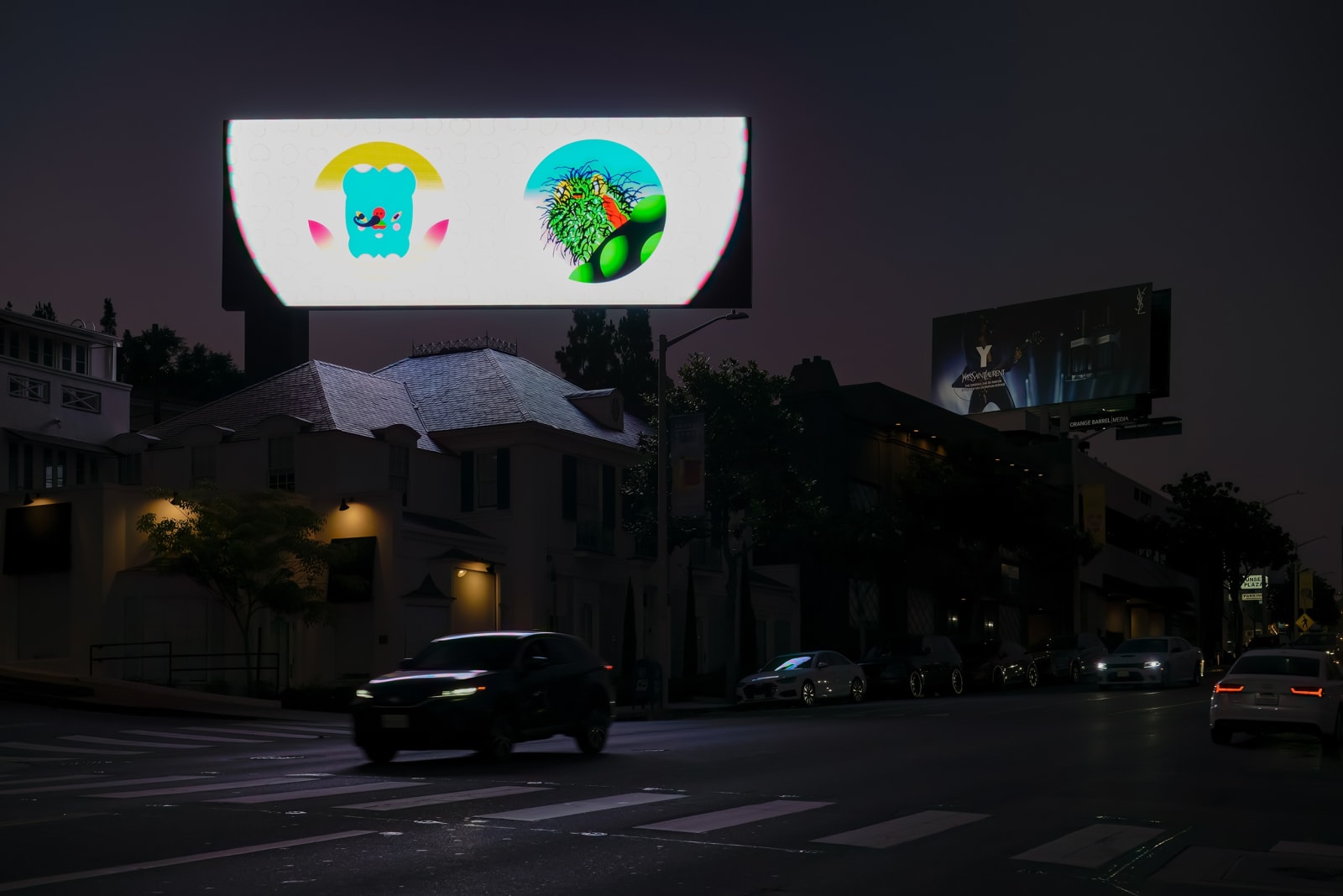 a bright illustrated animation of a figure shaving its leg against a dark city street backdrop