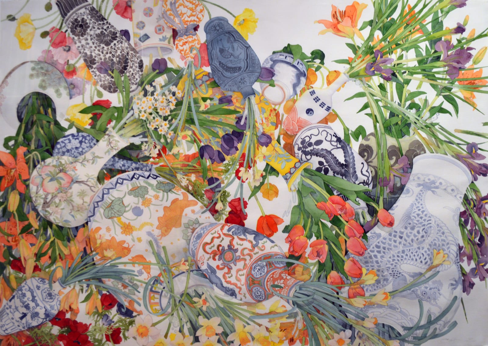 Gary Bukovnik, Spring Fever Tipping Composition with Spring Flowers & Asian Ceramics, 2015