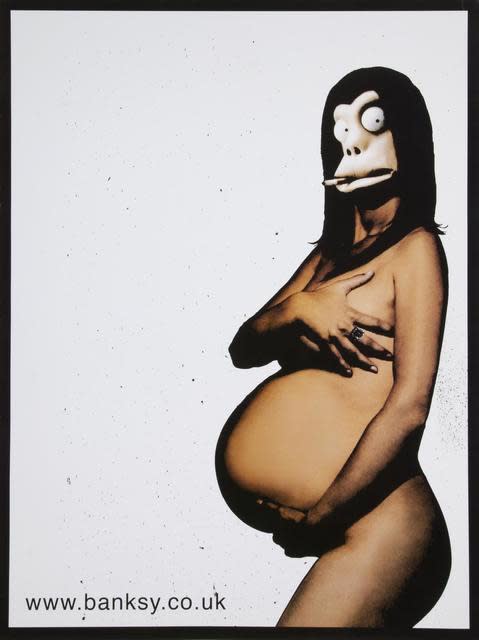 Danger Monkey Pregnant, Barely Legal show - Offset lithograph, 61x46cm - Nude Pregnant woman with Banksy monkey mask covering face