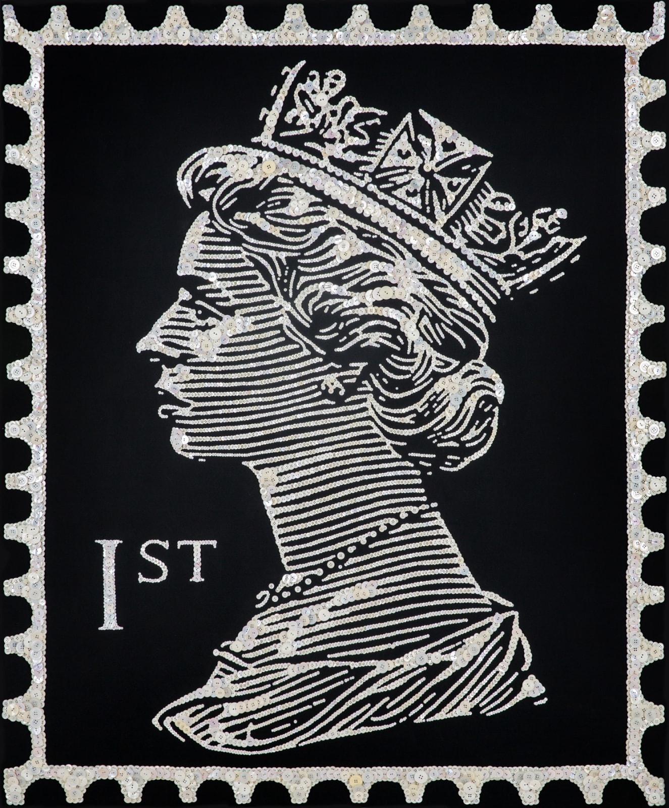 Ann Carrington Pearly Queen of Valencia Place - Pearl buttons hand sewn onto black canvas emulating the first class stamp in monochrome