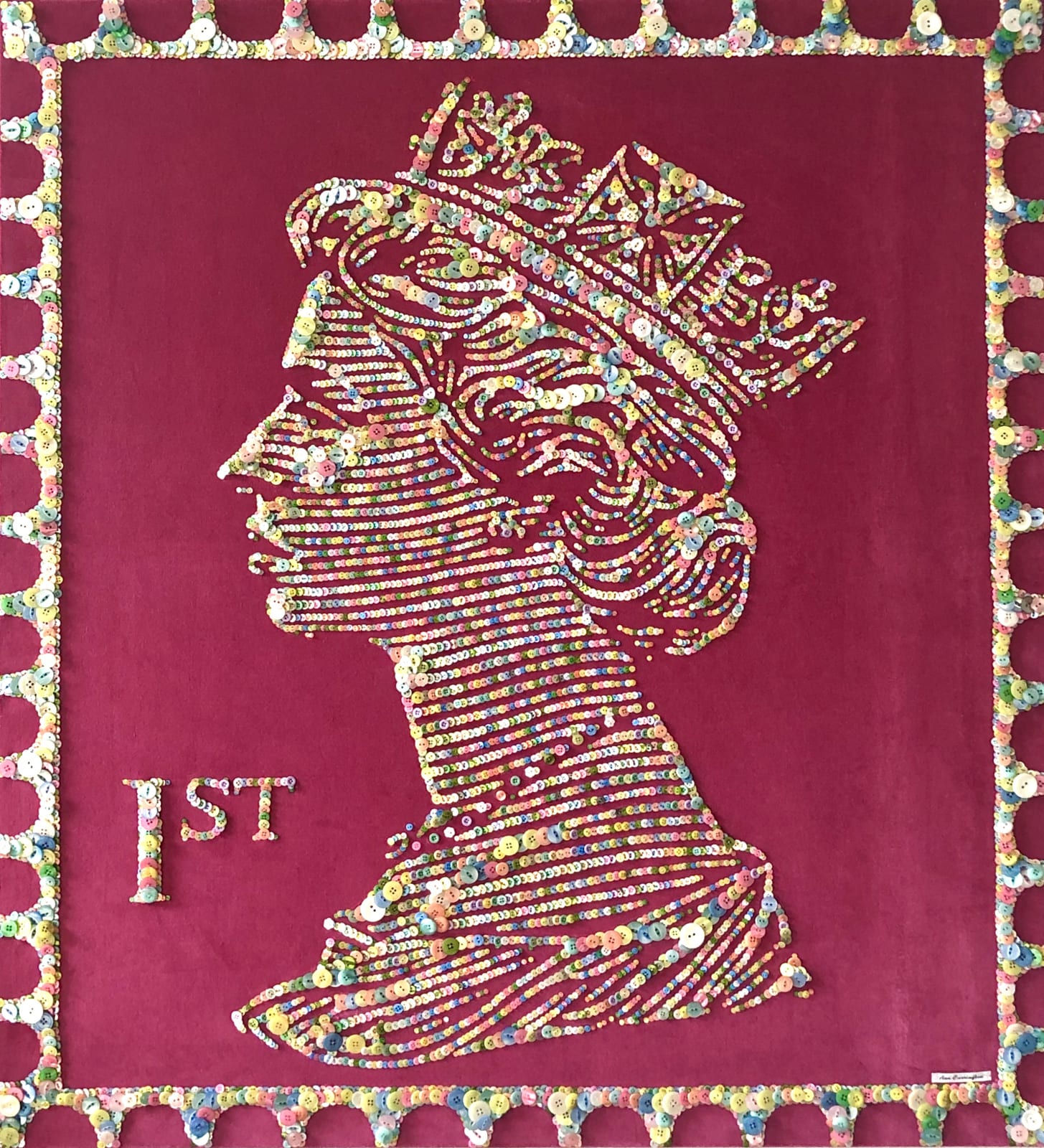 Ann Carrington Kandy Kween (Pink) - multicoloured pastel toned buttons hand sewn onto pink velvet, in 1st Class stamp emblem of Queen Elizabeth II