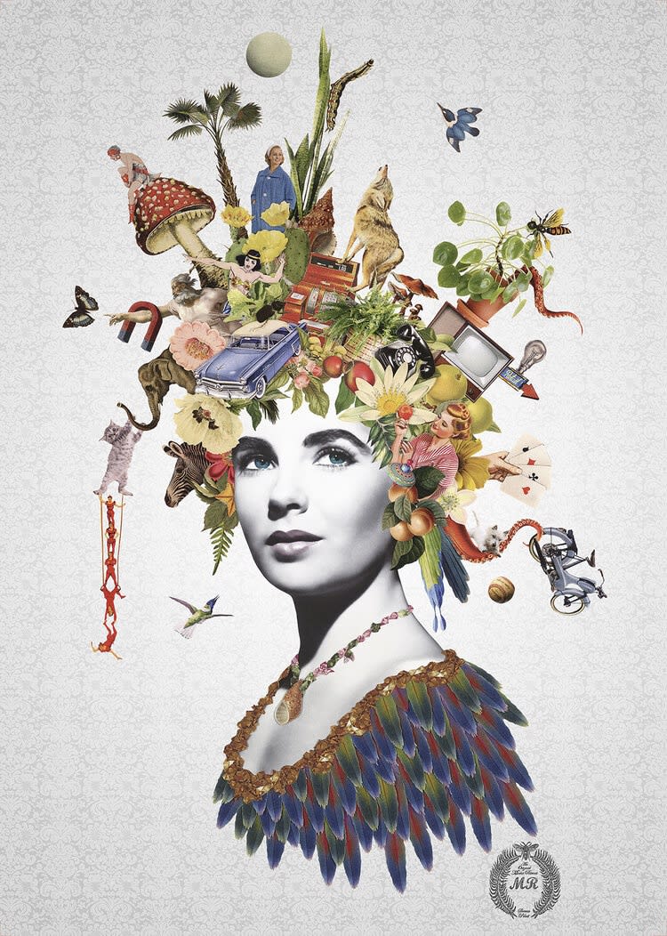 Maria Rivans, Juno: Screen print of Elizabeth Taylor surrounded by a head dress made of vintage collage