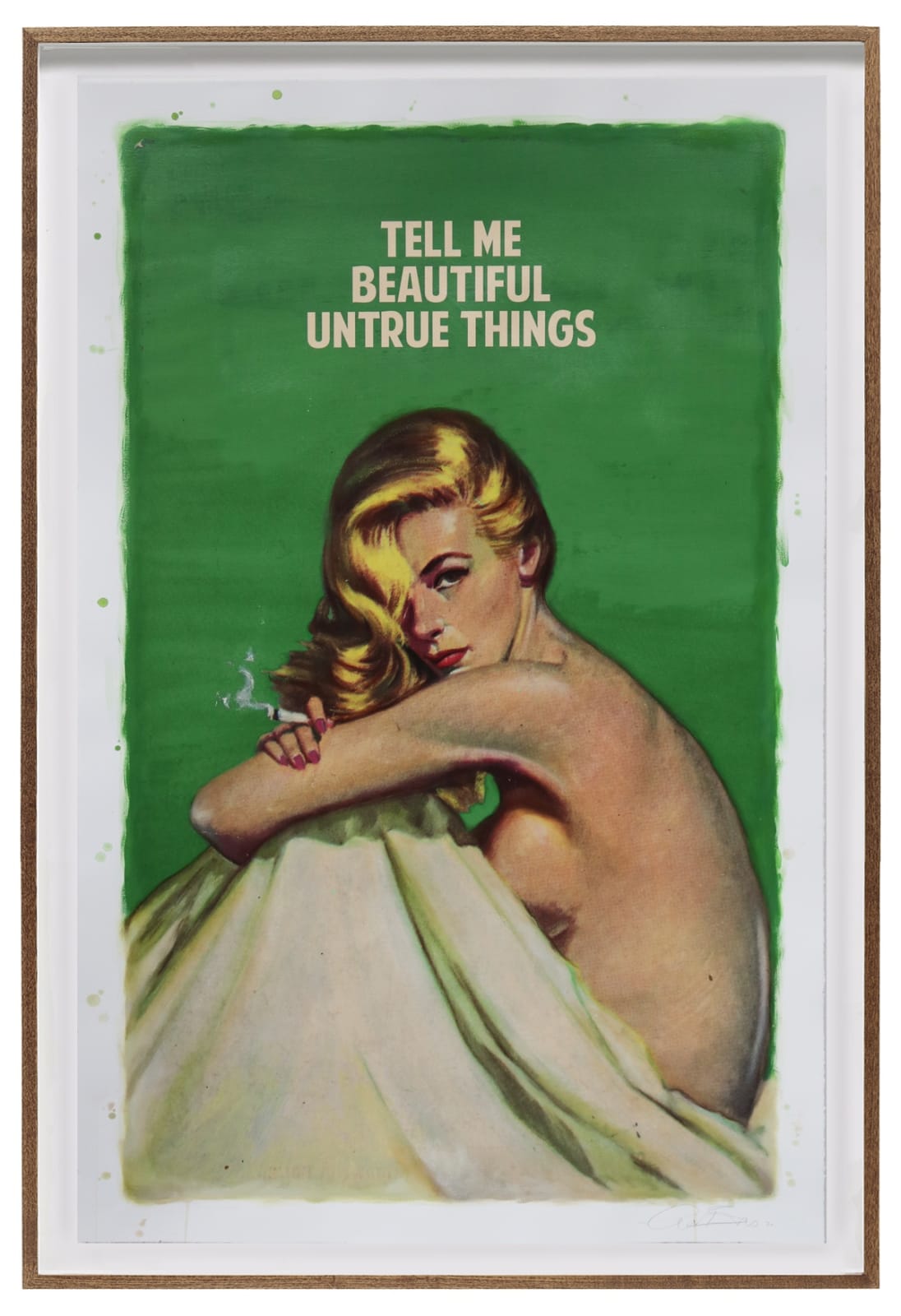 The Connor Brothers: Tell Me Beautiful - Unique hand finished screen print in mint green tones featuring blonde woman wrapped in a bed sheet, holding a smoking cigarette. Text reads "Tell Me Beautiful Untrue Things"