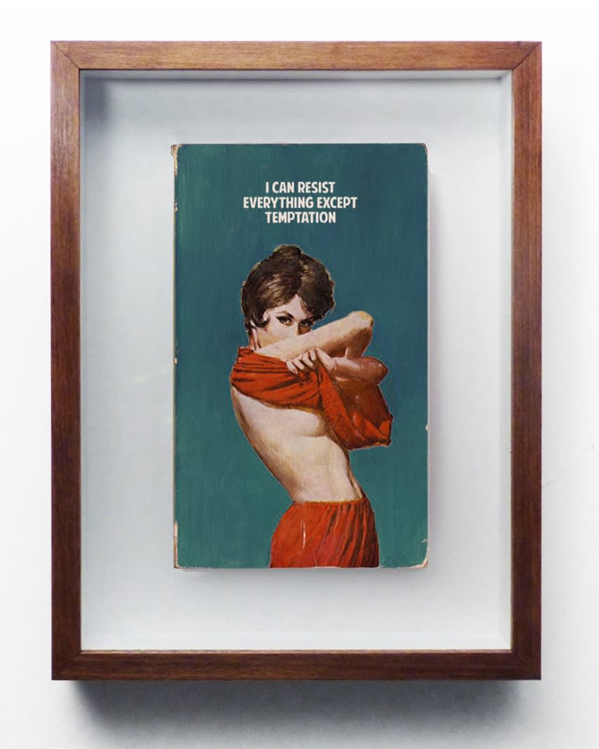 The Connor Brothers: I Can Resist - Hand painted paperback novel in turquoise tones featuring brunette woman wearing a red two piece and taking off her red top. Text reads "I Can Resist Everything Except Temptation"