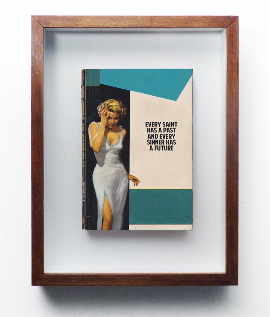 The Connor Brothers: Every Saint - Hand painted paperback novel in turquoise tones featuring blonde woman in a tight white gown with a high leg slit, holding her head and looking down. Text reads "Every Saint Has A Past and Every Sinner A Future"
