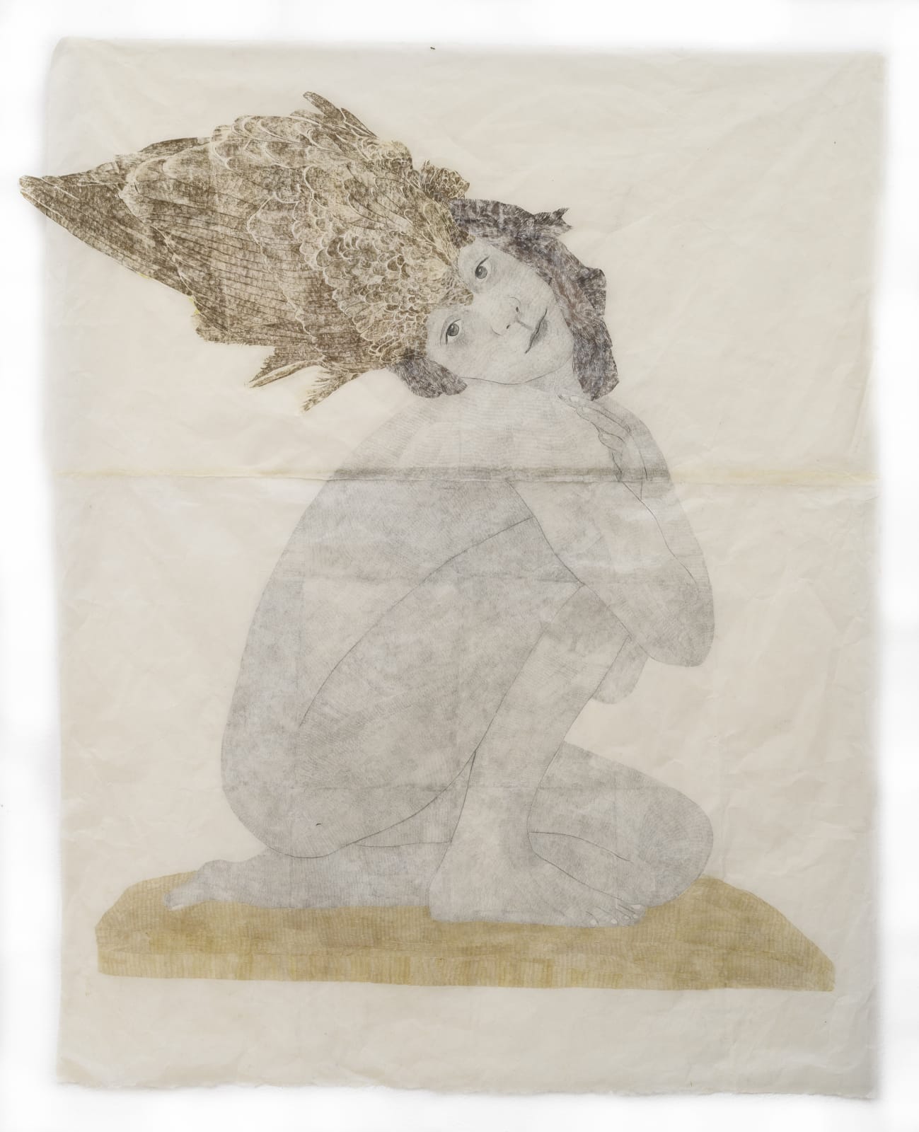 Self-portrait As Aztec God With Eagle Headpiece, 2023, Drawing And Collage With Graphite And Oil Pastel From Handmade Carbon Paper On Taiwanese Gampi Paper, cm 103 x 130
