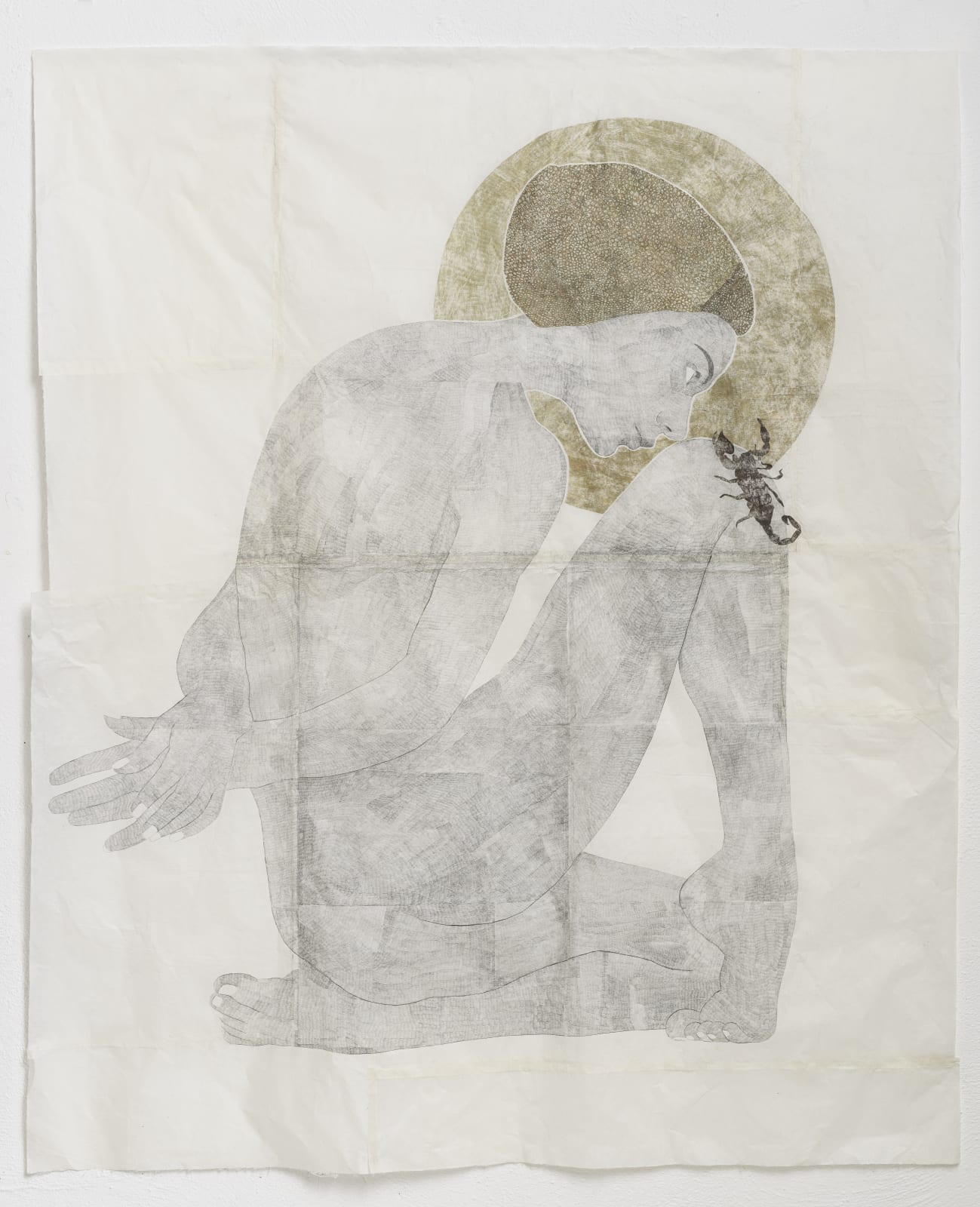 Autoritratto come Santa Oliva con Scorpione, 2025, handmade carbon paper drawing with oil pastel, graphite on mulberry paper handmade in Taiwan, 169 x 140 cm.