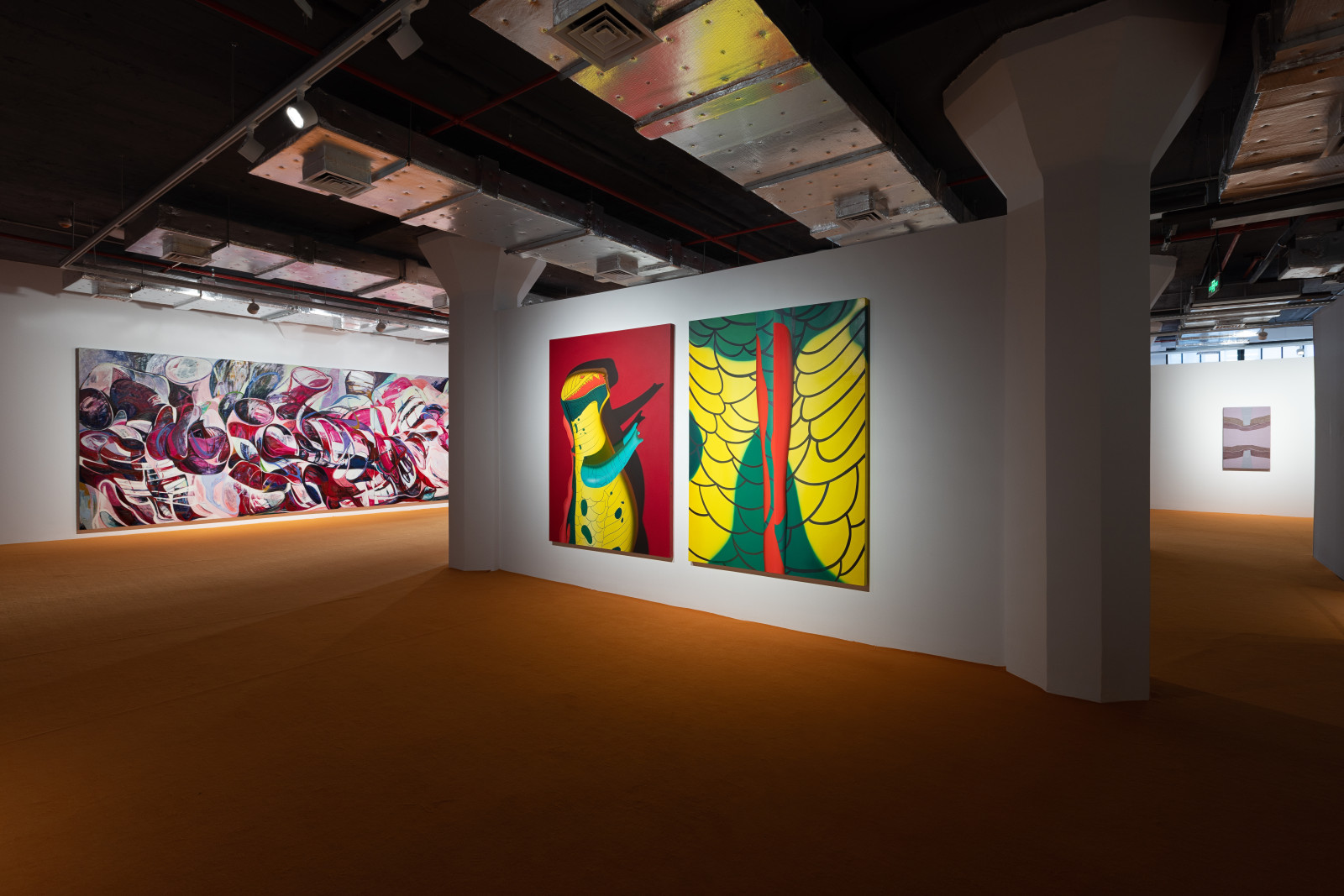 <div class="image_caption_container"><div class="image_caption"><p><span>From left to right: Sun Yitian, </span><b>Godzilla</b><span>, 2018, mixed media on canvas, 200 × 150 cm and Sun Yitian, </span><b>Godzilla’s Back</b><span>, 2018, acrylic on canvas, 200 × 150 cm. </span>© the artist. </p><p>Exhibition view: <strong>Dusts Piles Us Up</strong>, SUHE HAUS, Shanghai, 2023. Courtesy Longlati Foundation</p></div></div>