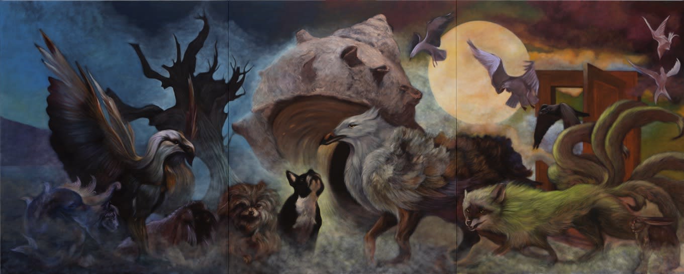 Tricksters, Mongrels, Beasts, 2023 Oil on canvas Triptych 240 x 600 cm (94.49 x 236.22 in)