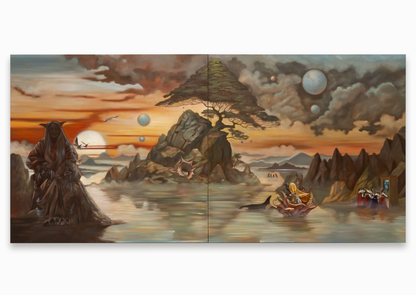 Passages via moonlight and non linear time, 2024 Oil on linen Diptych 180 x 360 cm (70.87 x 141.73 in)