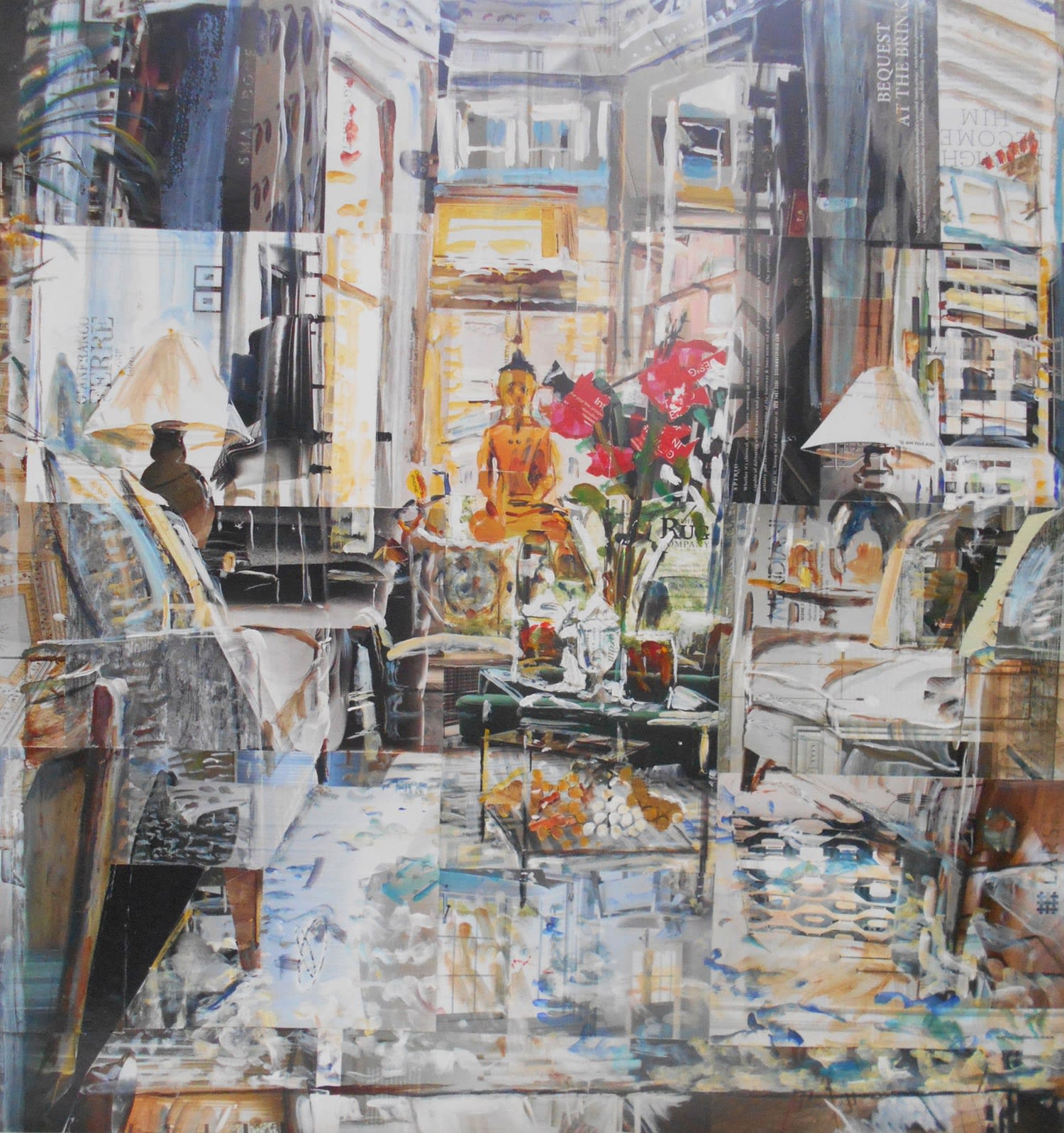 Alison Pullen interior collage of a sitting room with a red plant and large gold buddha in the window